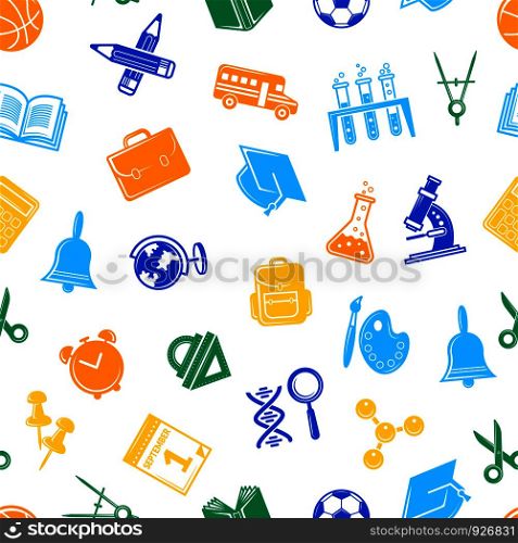 Vector back to school stationery pattern or background illustration. Colored icon backdrop. Vector back to school stationery pattern or background illustration