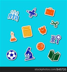 Vector back to school stationery stickers set illustration isolated on blue background. Vector back to school stationery stickers set illustration