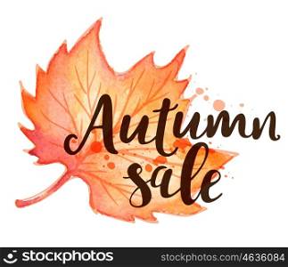 Vector background for seasonal autumn sale. Maple leaf with watercolor texture on a white background.
