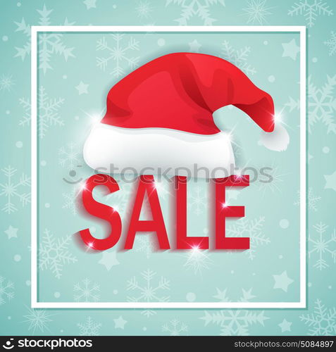 Vector background for seasonal Christmas sale. Snowflakes and hat of Santa Claus on a green background.