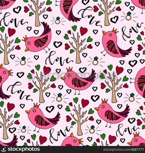 Vector background for valentines day. Cute doodle seamless pattern with bird and love tree.. Vector background for valentines day. Cute doodle seamless pattern with bird and love tree
