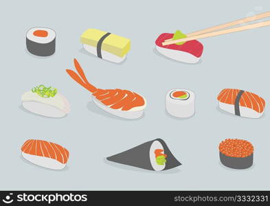 Vector background illustration of various types of sushi, iconic style