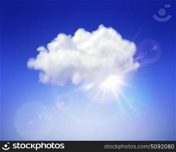 Vector background of summer sunrise with lens flares and cloud partially covering sun.