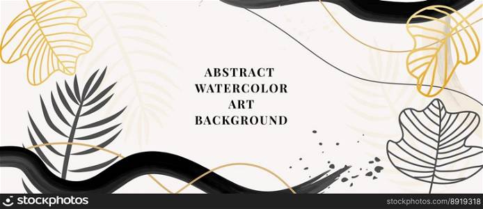 Vector background of watercolor art. Wallpaper design with a brush. black, yellow, white brushes, circles, palm leaves, abstract shapes. watercolor illustration for prints, wall drawings, covers and invitation cards. Vector background of watercolor art. Wallpaper design with a brush. black, yellow, white brushes, circles, palm leaves, abstract shapes. watercolor illustration