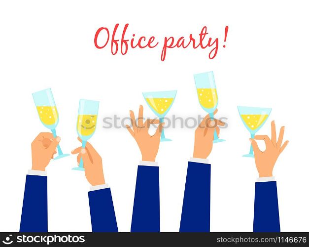 Vector background on party time with multiple raised hands holding champagne glasses. Hands holding champagne glasses party background