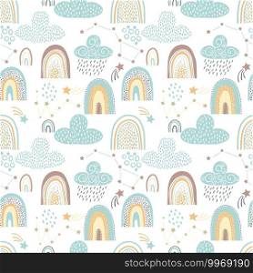 Vector Background. Sky with Rainbows and Clouds. open Space. Scandinavian Style Seamless Pattern