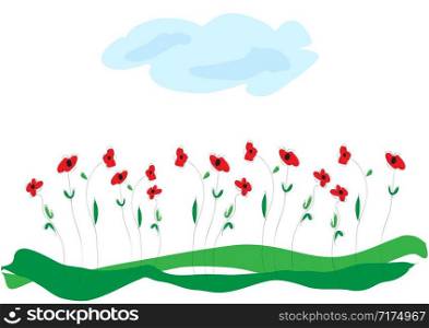 Vector background spring, poppies on the lawn, childish drawing handmade.