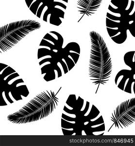 Vector background tropical leaves pattern. Black and white color