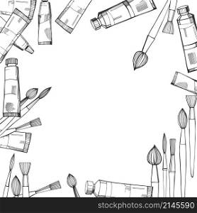 Vector background with artistic paintbrushes and paints. Sketch illustration.. Artistic paintbrushes and paints.