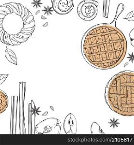 Vector background with autumn apple pies. Sketch illustration.. Vector background with apple pie.