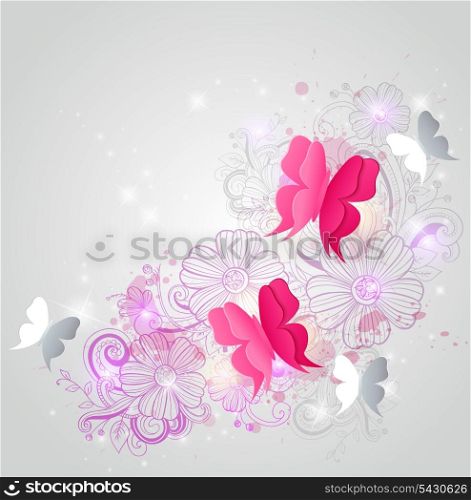 Vector background with butterflies and hand drawn red flowers