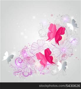 Vector background with butterflies and hand drawn red flowers