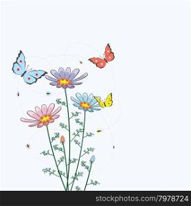 vector background with camomile flowers and butterflies
