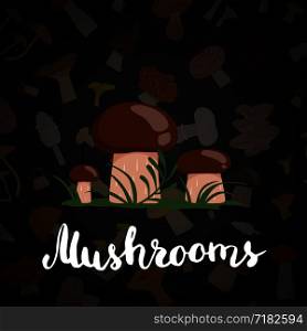 Vector background with cartoon mushrooms and lettering text isolated illustration. Vector background with cartoon mushrooms and lettering