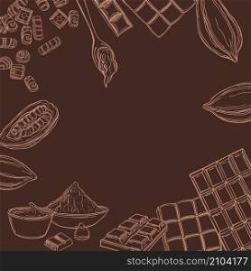 Vector background with chocolate, sweets and cocoa beans. . Chocolate set. Vector sketch illustration