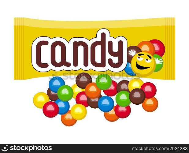 vector background with colorful mm candies isolated on white background. fruit and chocolate scattered bonbon with candy text on yellow package. eps10 illustration