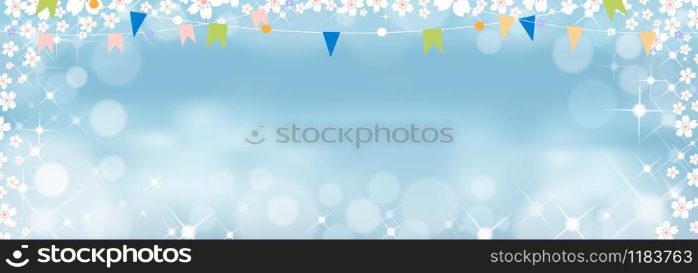 Vector background with cute tiny sakura and flags hanging on a clothesline on blue pastel,Spring background with cherry blossom border and bokeh light effect,Template banner for Easter or Summer