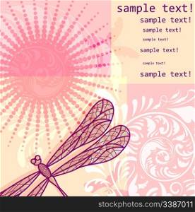 vector background with dragonfly, floral ornament, and flowers, space for your text, clipping mask, eps 10