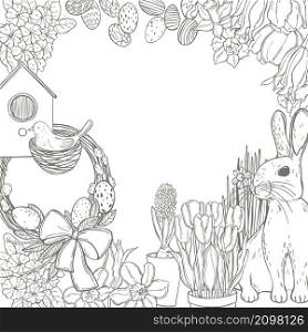 Vector background with Easter Bunny and spring flowers. Sketch illustration.. Easter Bunny with flowers. Vector illustration.