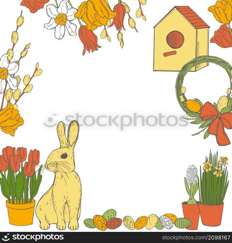 Vector background with Easter Bunny and spring flowers. Sketch illustration.. Vector background with Easter Bunny