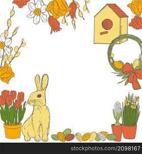 Vector background with Easter Bunny and spring flowers. Sketch illustration.. Vector background with Easter Bunny