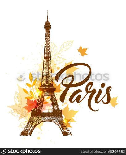 Vector background with Eiffel tower and autumn maple leaves