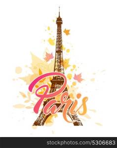 Vector background with Eiffel tower and falling autumn maple leaves