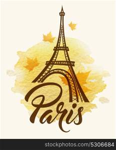 Vector background with Eiffel tower and yellow watercolor texture