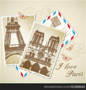 Vector background with envelope and old vintage photos of Paris