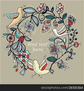 vector background with floral garland and flying birds