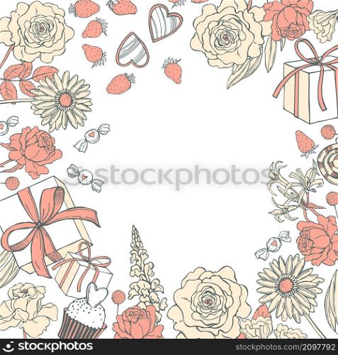 Vector background with flowers and gifts for Valentine&rsquo;s day. Sketch illustrarion. Background with flowers and gifts for Valentine&rsquo;s day.