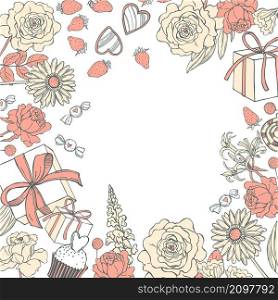 Vector background with flowers and gifts for Valentine&rsquo;s day. Sketch illustrarion. Background with flowers and gifts for Valentine&rsquo;s day.