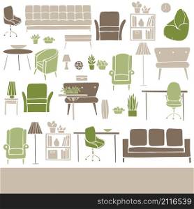 Vector background with furniture, lamps and plants for the home.. Furniture, lamps and plants for the home.