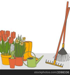 Vector background with garden tools and spring flowers in pots. Sketch illustration.. Vector background with garden tools.
