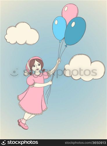 vector background with girl flying on balloons