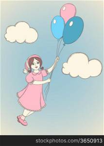 vector background with girl flying on balloons