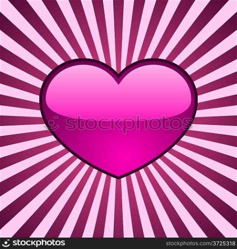 Vector background with glossy pink heart over radial stripes.