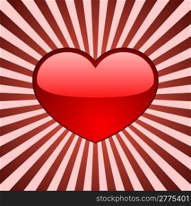 Vector background with glossy red heart over radial stripes.