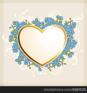 Vector background with golden heart and blue flowers