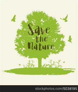 Vector background with green tree and birds. Ecology concept. Save the nature lettering.