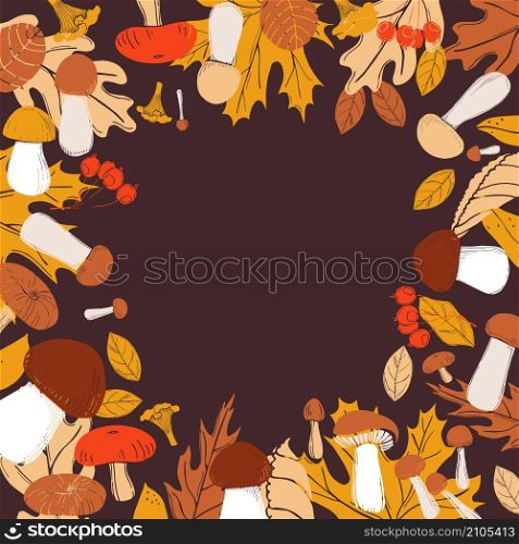 Vector background with hand drawn autumn leaves and mushrooms. Sketch illustration. autumn leaves and mushrooms. Sketch illustration
