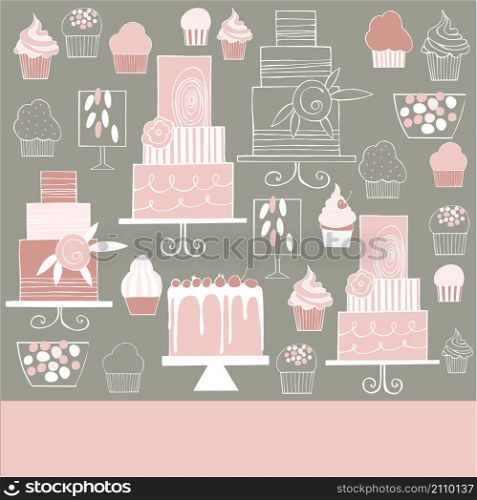 Vector background with hand drawn cakes and cupcakes. Wedding dessert bar with cake. Sweet table. . Wedding dessert bar with cake. Sweet table.