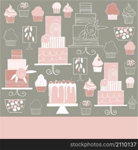 Vector background with hand drawn cakes and cupcakes. Wedding dessert bar with cake. Sweet table. . Wedding dessert bar with cake. Sweet table.