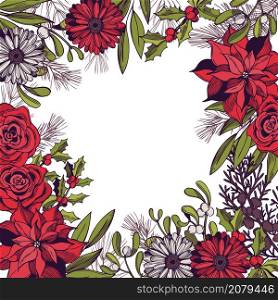 Vector background with hand drawn Christmas plants and flowers. Sketch illustration.