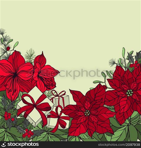 Vector background with hand drawn Christmas plants, flowers and gifts. Sketch illustration.. Vector background with hand drawn Christmas plants, flowers and gifts.