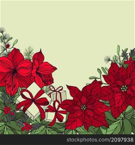Vector background with hand drawn Christmas plants, flowers and gifts. Sketch illustration.. Vector background with hand drawn Christmas plants, flowers and gifts.