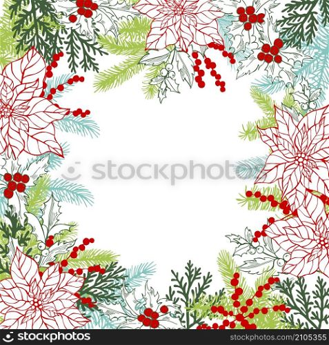 Vector background with hand drawn Christmas plants. Sketch illustration.. Christmas plants set.