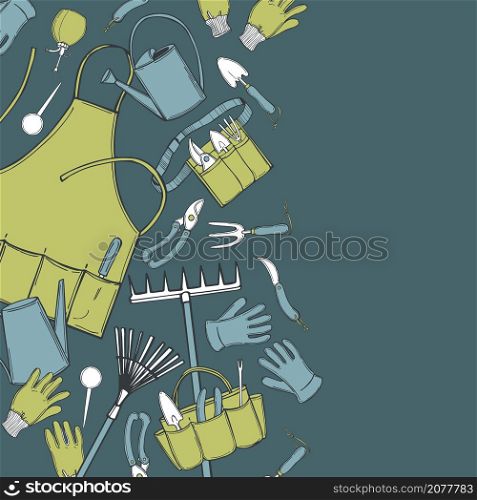 Vector background with hand drawn garden tools. Sketch illustration.. Vector background with garden tools.