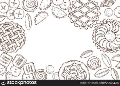 Vector background with hand drawn homemade pies. Sketch illustration.. Homemade pies. Vector illustration.