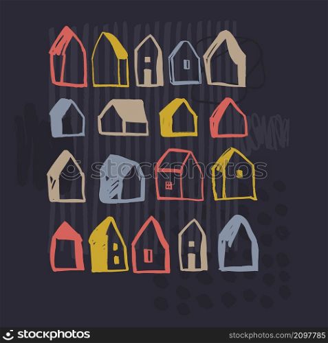 Vector background with hand drawn houses on dark background. Sketch illustration.. Hand drawn houses. Vector sketch illustration.
